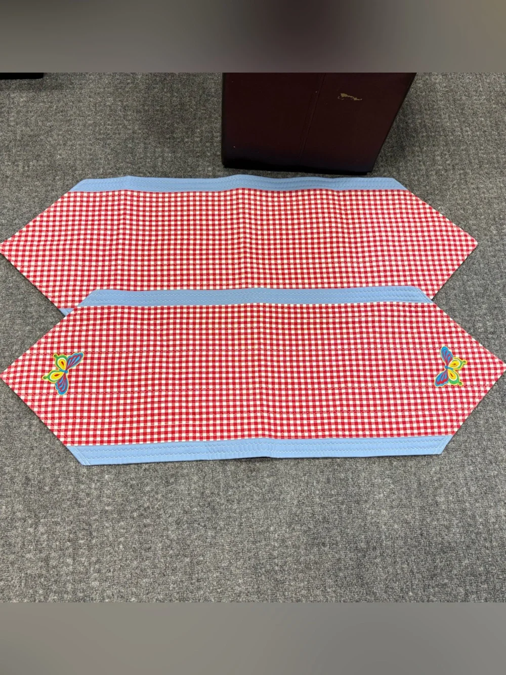 Red Gingham Table Runners with Light Blue Trim and Butterfly Embroidery